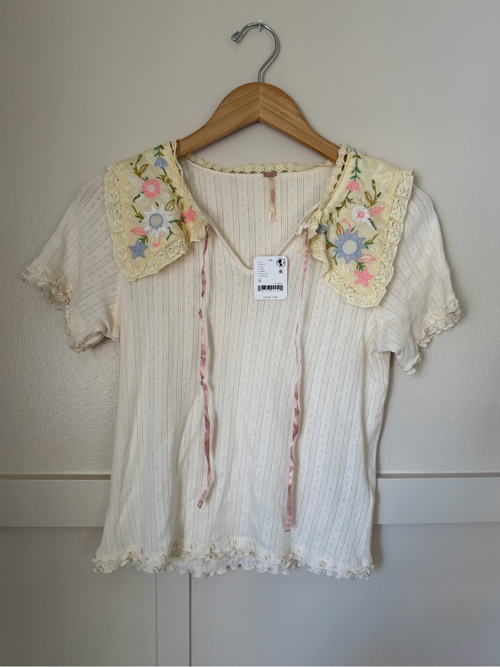 Free People Sol Knit Tee Ivory Embroidered Lace Sailor Collar Top NWT Medium